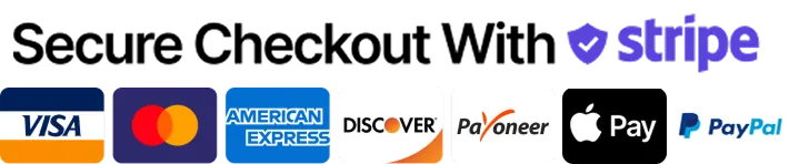 Checkout seguro con Stripe: Visa, Mastercard, American Express, Discover, Payoneer, Apple Pay y PayPal